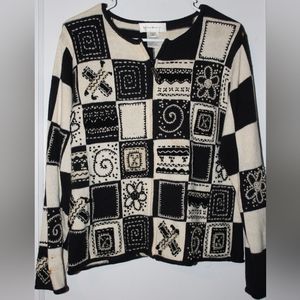 Vintage Susan Bristol Sweater Checkered Flower/Swirls Hand Embroidered Women's S